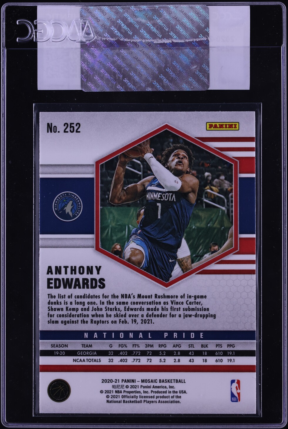 2020 Panini Mosaic Anthony Edwards ROOKIE #252 CGC AUTH