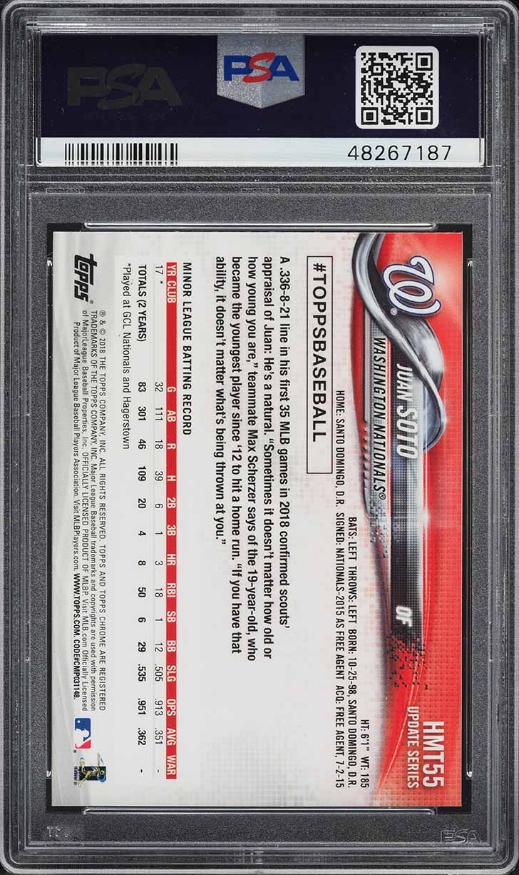 2018 Topps Chrome Update Juan Soto ROOKIE #HMT55 PSA 10 GEM MINT