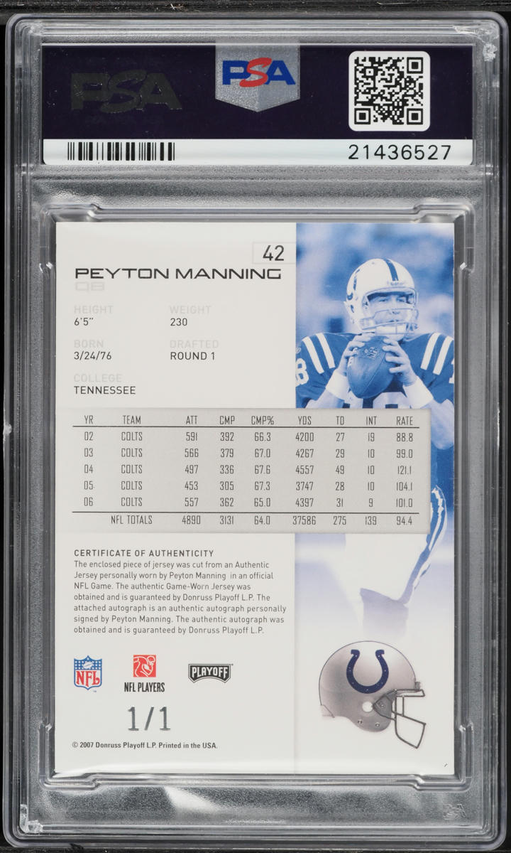 2007 Playoff NFL Prime Platinum Peyton Manning PATCH AUTO 1/1 #42 PSA 10 GEM MINT