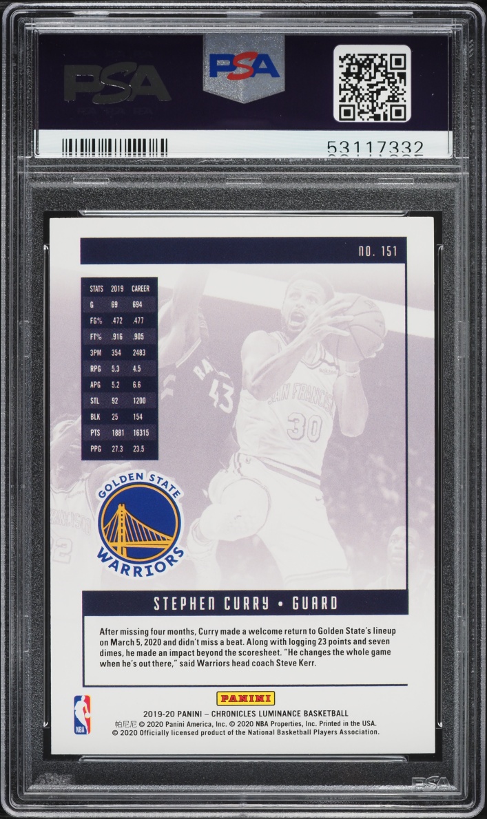 2019 Panini Chronicles Luminance Stephen Curry #151 PSA 9 MINT