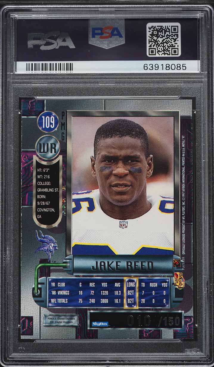 1997 Metal Universe Precious Metal Gems PMG Green Jake Reed /15 #109 PSA 7 NRMT