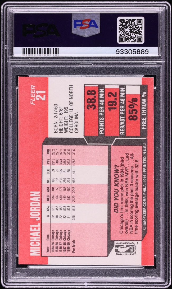 1989 Fleer Basketball Michael Jordan #21 PSA 8 NM-MT