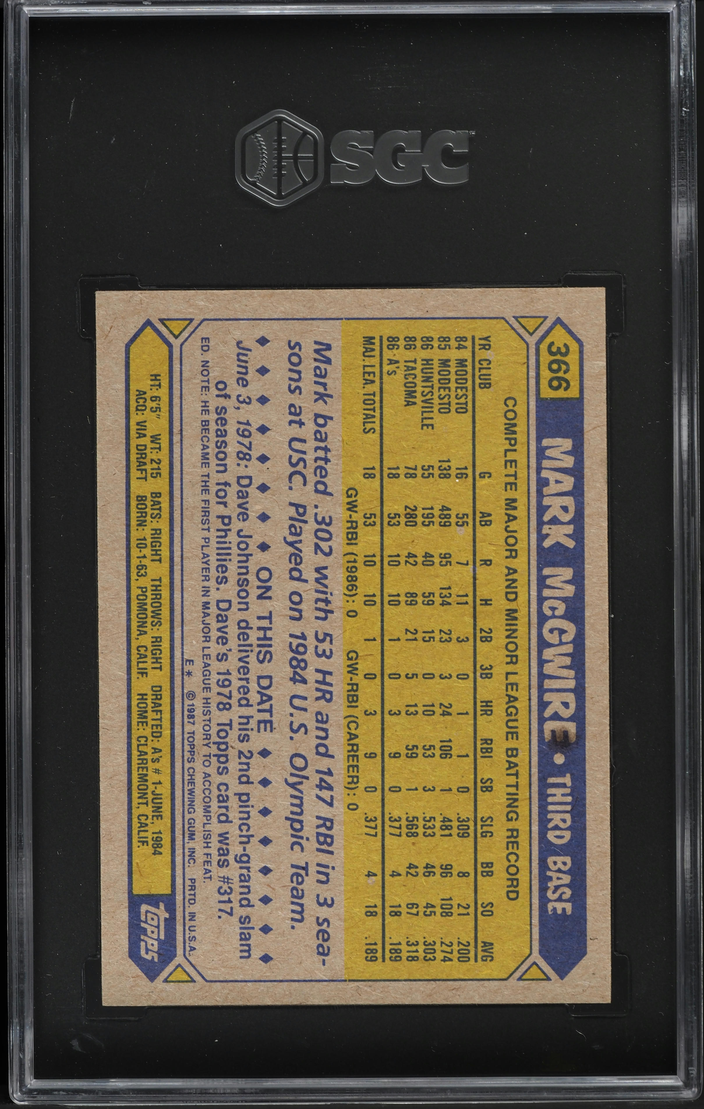 1987 Topps Mark McGwire ROOKIE #366 SGC 8 NM-MT
