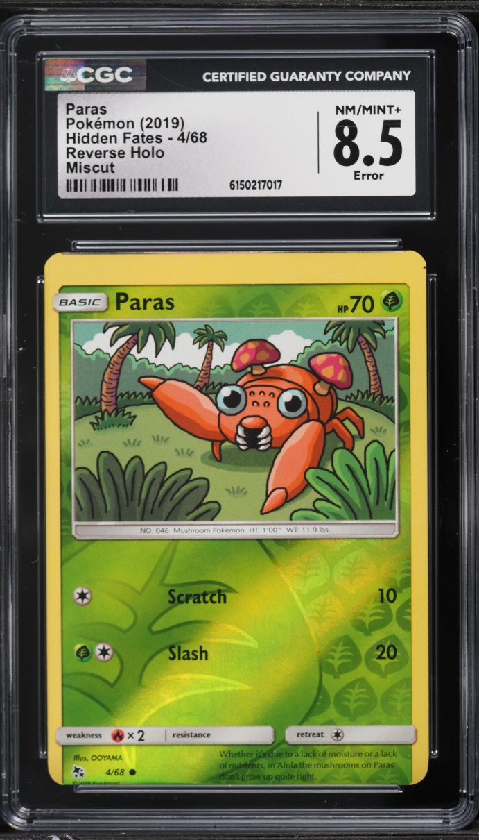 2019 Pokemon Sun & Moon Hidden Fates Reverse Holo Error Paras #4 CGC 8.5 NM-MT+