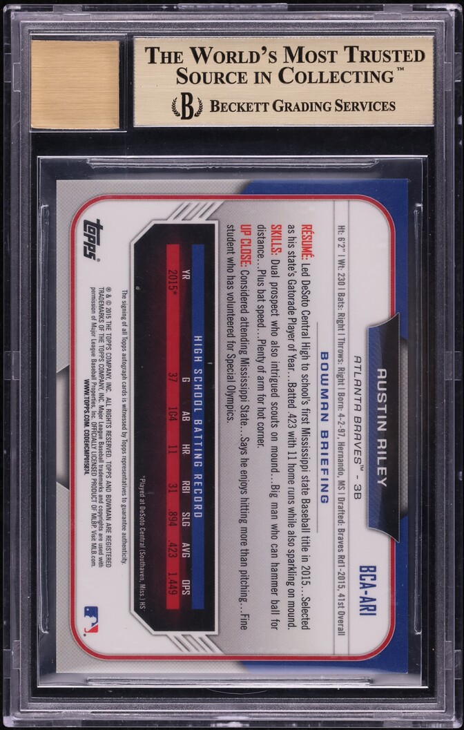 2015 Bowman Chrome Draft Austin Riley PROSPECT AUTO #BCA-ARI BGS 9.5 GEM MINT