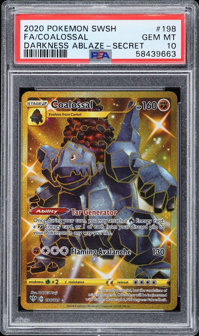 2020 Pokemon Sword & Shield Darkness Ablaze Gold Rare Coalossal #198 PSA 10 GEM MINT