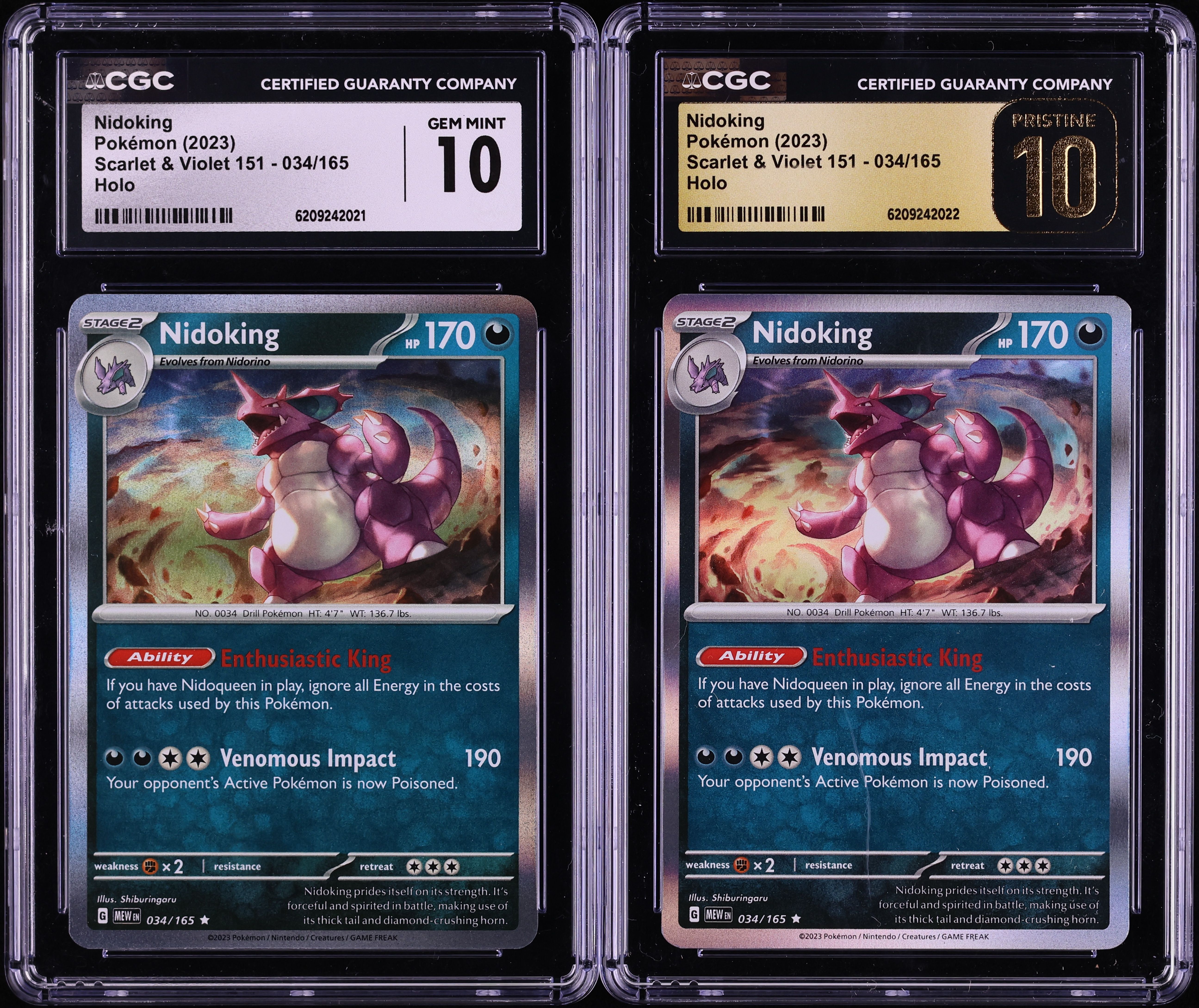 Lot (2) 2023 Pokemon Scarlet & Violet 151 Holo Nidoking #34 CGC 10 GEM MINT PRISTINE