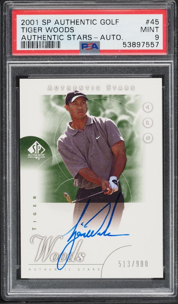 2001 SP Authentic Golf Stars Tiger Woods ROOKIE AUTO /900 #45 PSA 9 MINT