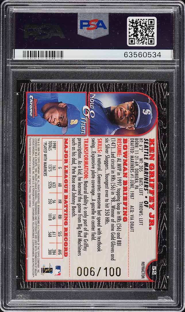 1999 Bowman Chrome International Refractor Ken Griffey Jr. /100 #52 PSA 9 MINT