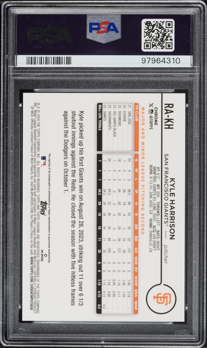 2024 Topps Chrome Purple Speckle Refractor Kyle Harrison ROOKIE AUTO /299 #RA-KH PSA 9 MINT
