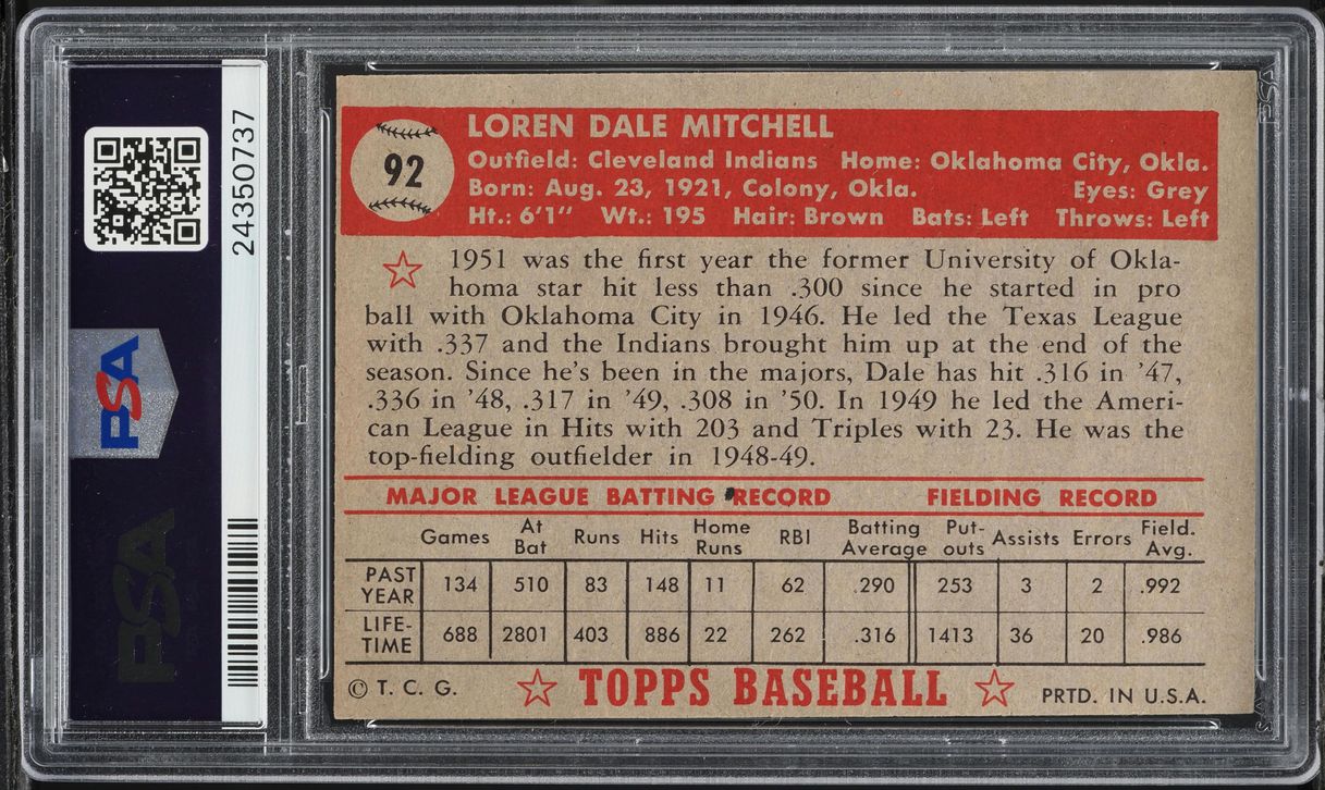 1952 Topps Dale Mitchell #92 PSA 7 NRMT