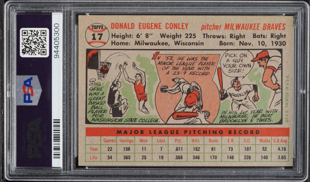 1956 Topps Gene Conley GRAY BACK #17 PSA 7 NRMT