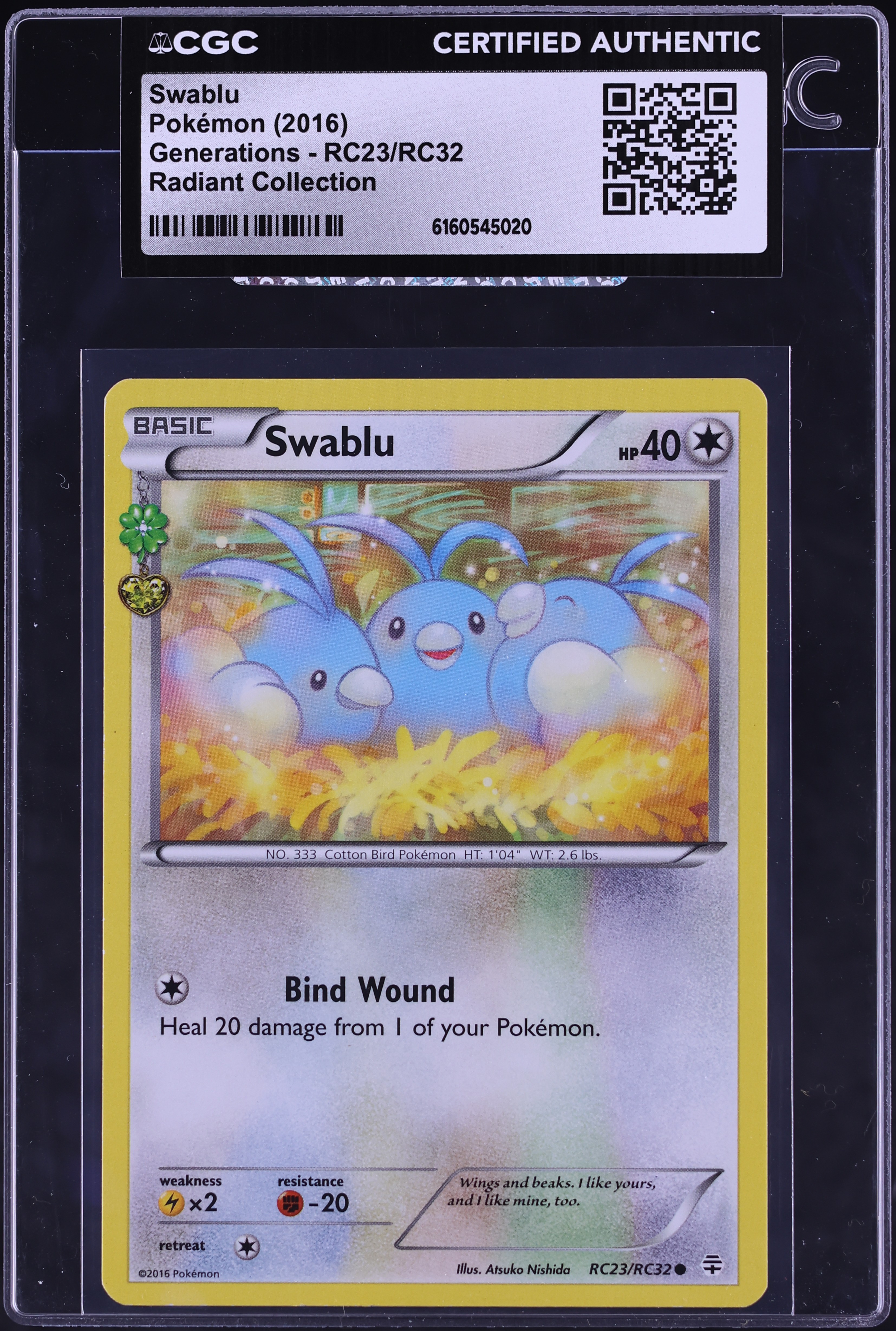 2016 Pokemon XY Generations Radiant Collection Swablu #RC23 CGC AUTH
