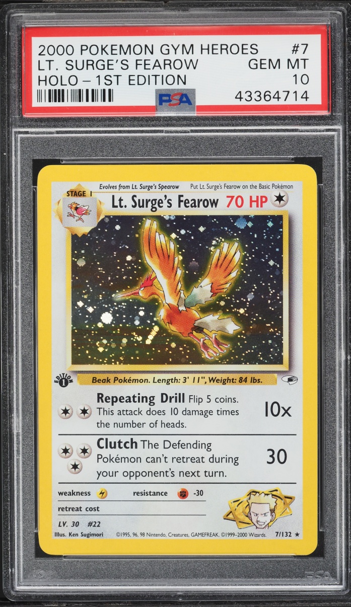 2000 Pokemon Gym Heroes 1st Edition Holo Lt. Surge's Fearow #7 PSA 10 GEM MINT