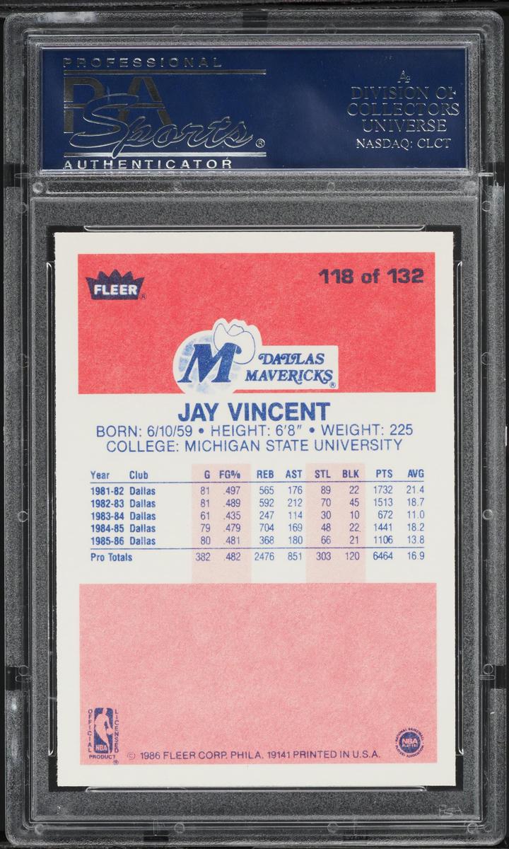 1986 Fleer Basketball Jay Vincent #118 PSA 10 GEM MINT