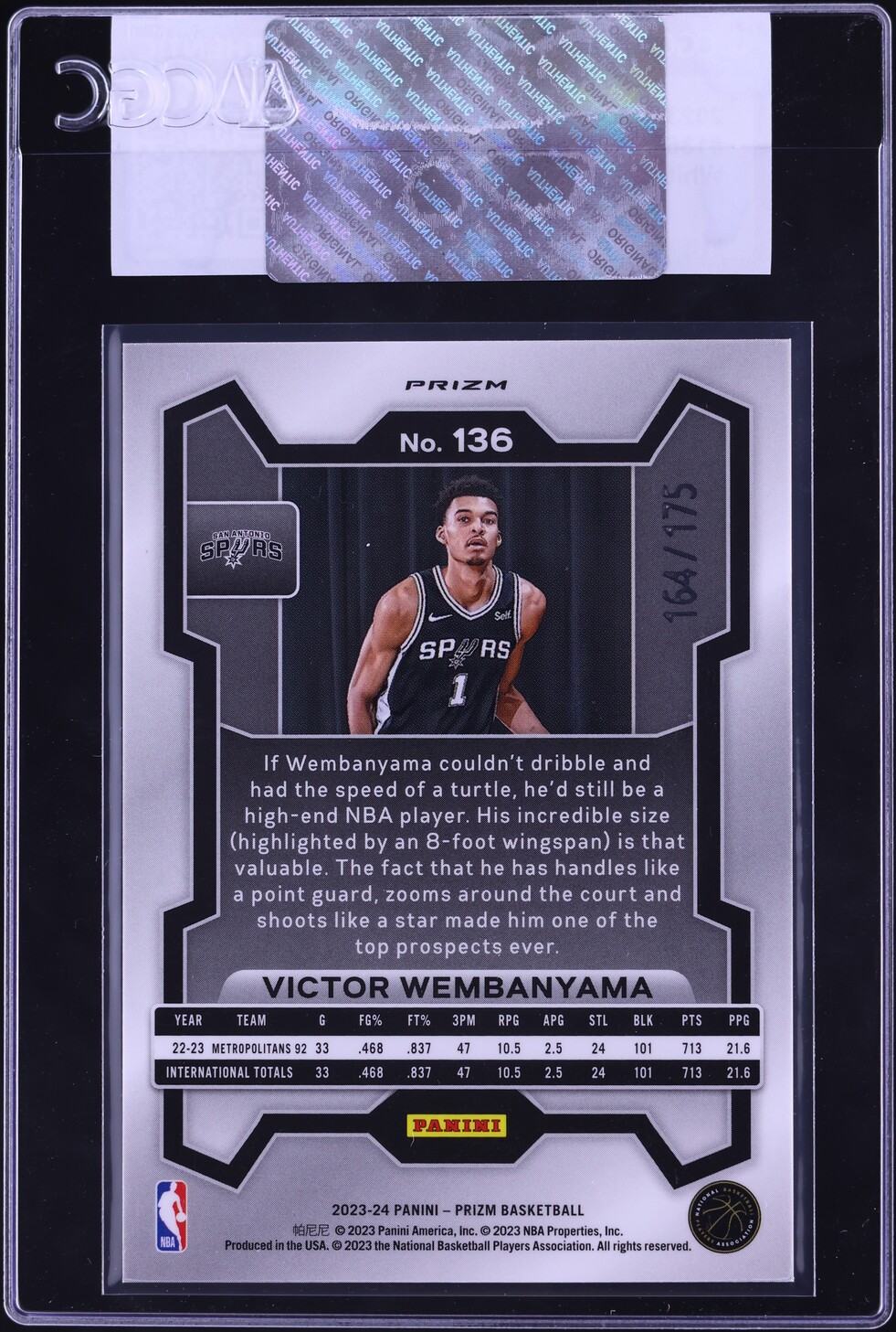 2023 Panini Prizm White Victor Wembanyama ROOKIE /175 #136 CGC AUTH