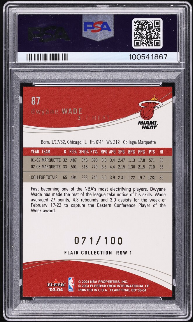 2003 Flair Final Edition Row 1 Dwyane Wade ROOKIE /100 #87