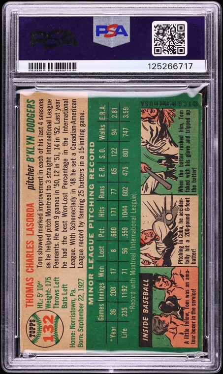1954 Topps Tom Lasorda ROOKIE #132 PSA 3 VG