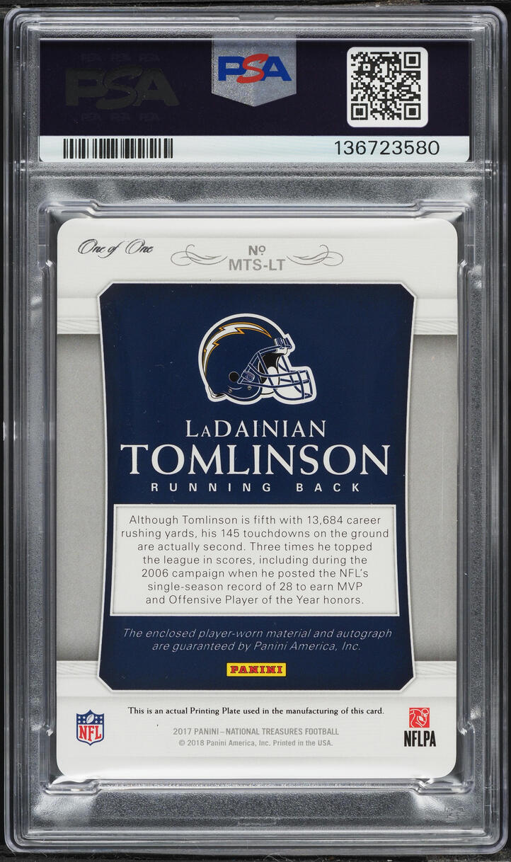 2017 National Treasures Magenta Printing Plate Ladainian Tomlinson PATCH AUTO 1/1 PSA 8 NM-MT