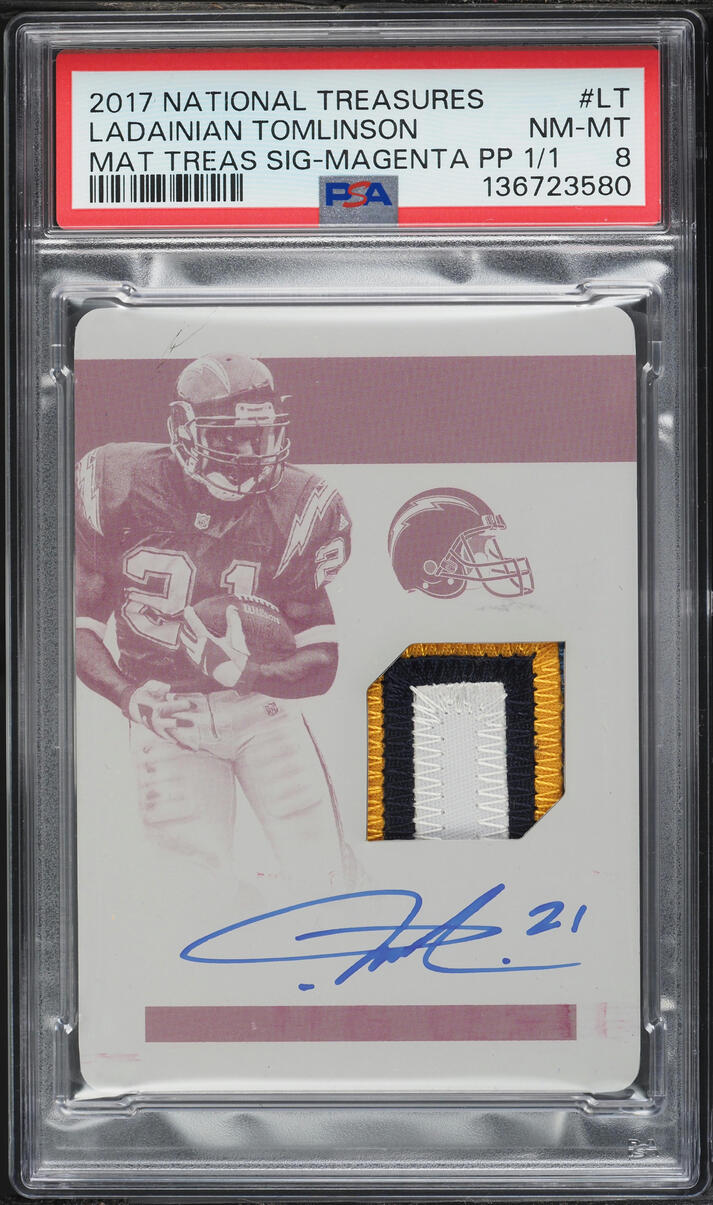 2017 National Treasures Magenta Printing Plate Ladainian Tomlinson PATCH AUTO 1/1 PSA 8 NM-MT