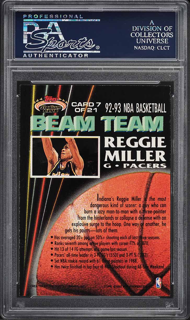 1992 Stadium Club Beam Team Members Only Reggie Miller #7 PSA 10 GEM MINT