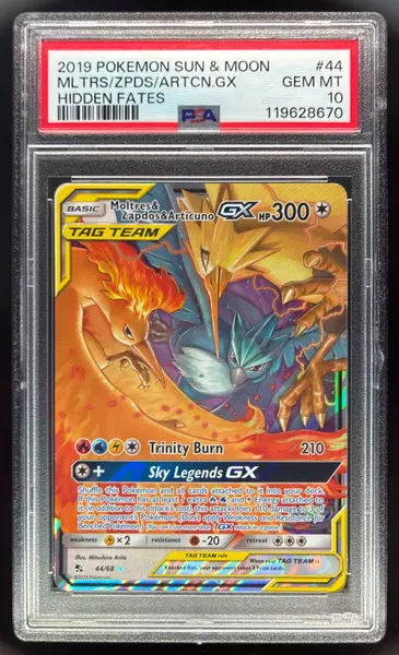 2019 Pokemon SM Hidden Fates #44 Moltres & Zapdos & Articuno Tag Team GX PSA 10