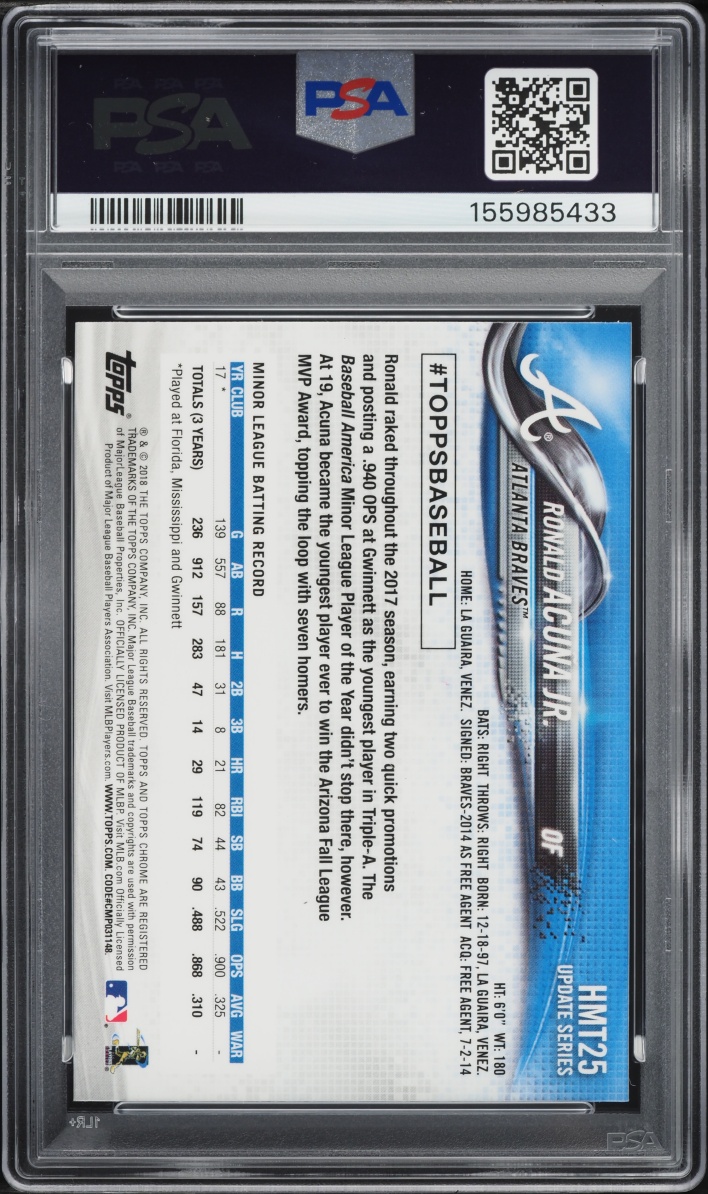 2018 Topps Chrome Update Ronald Acuna Jr. ROOKIE #HMT25 PSA 10 GEM MINT