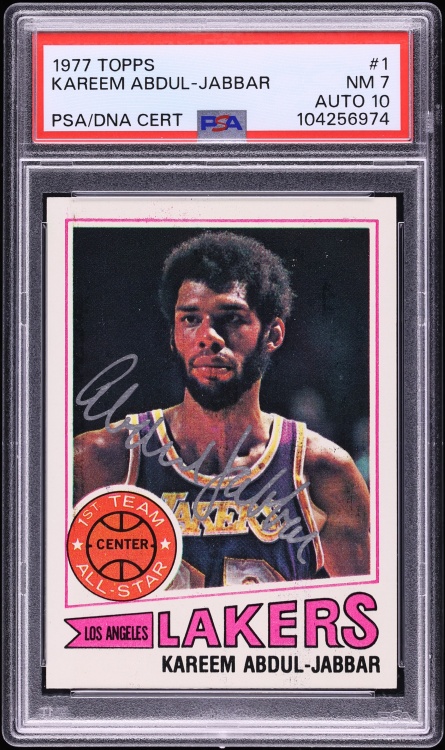 1977 Topps Basketball Kareem Abdul-Jabbar AUTO DNA 10 #1 PSA 7 NRMT