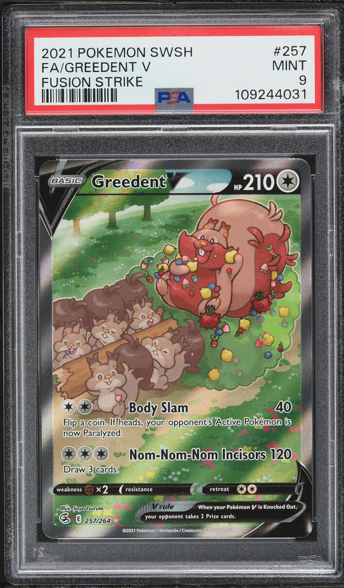 2021 Pokemon Sword & Shield Fusion Strike Full Art Greedent V #257 PSA 9 MINT
