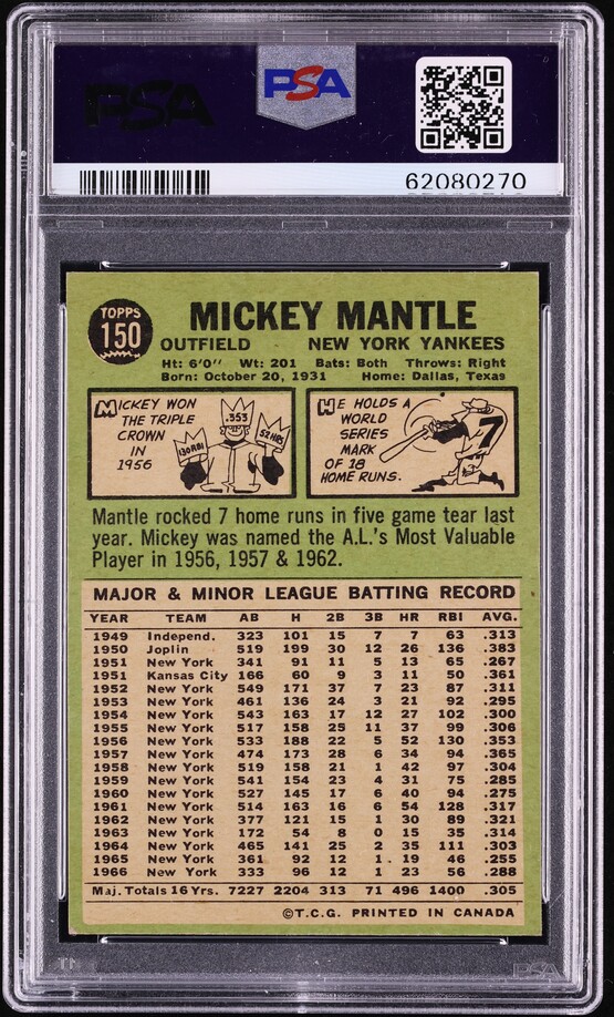 1967 O-Pee-Chee Mickey Mantle #150 PSA 7 NRMT