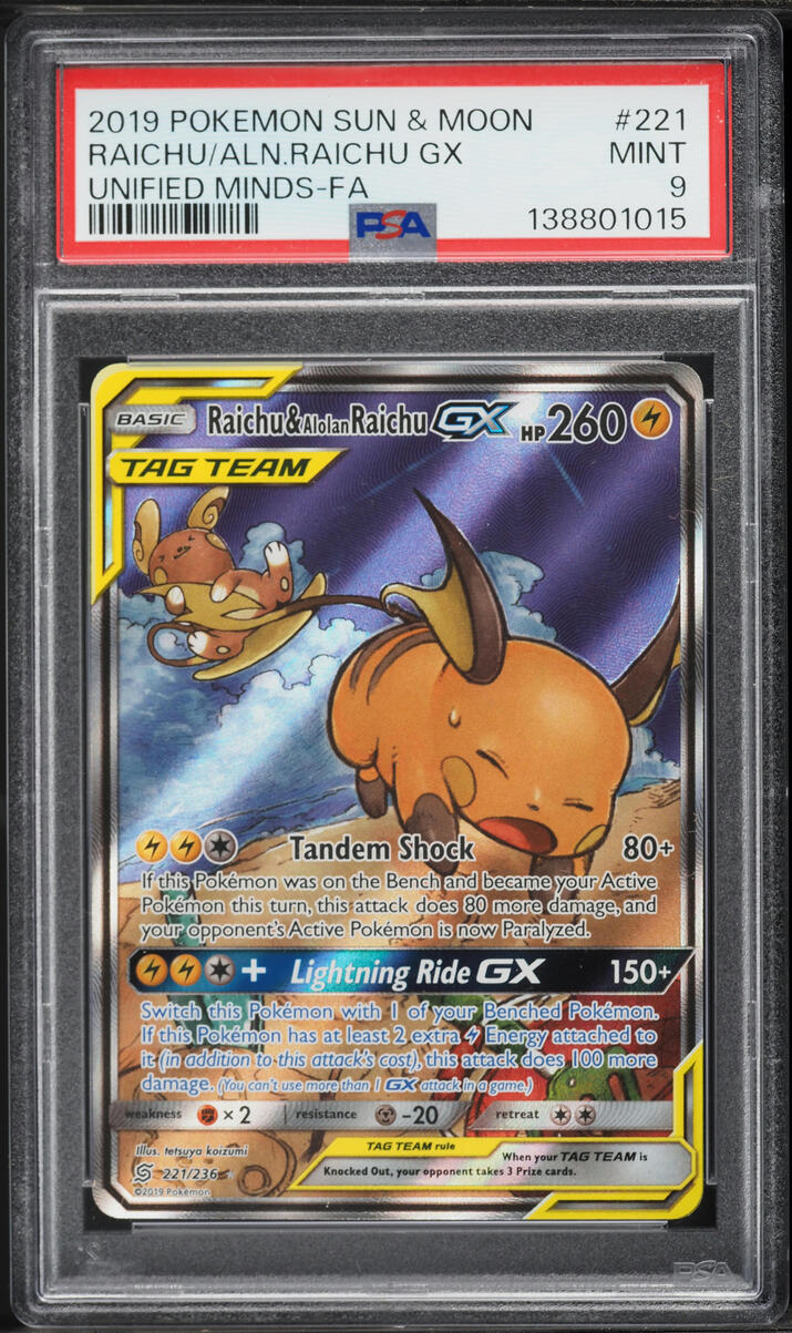 2019 Pokemon Sun & Moon Unified Minds Full Art Raichu & Alolan Raichu GX #221 PSA 9 MINT