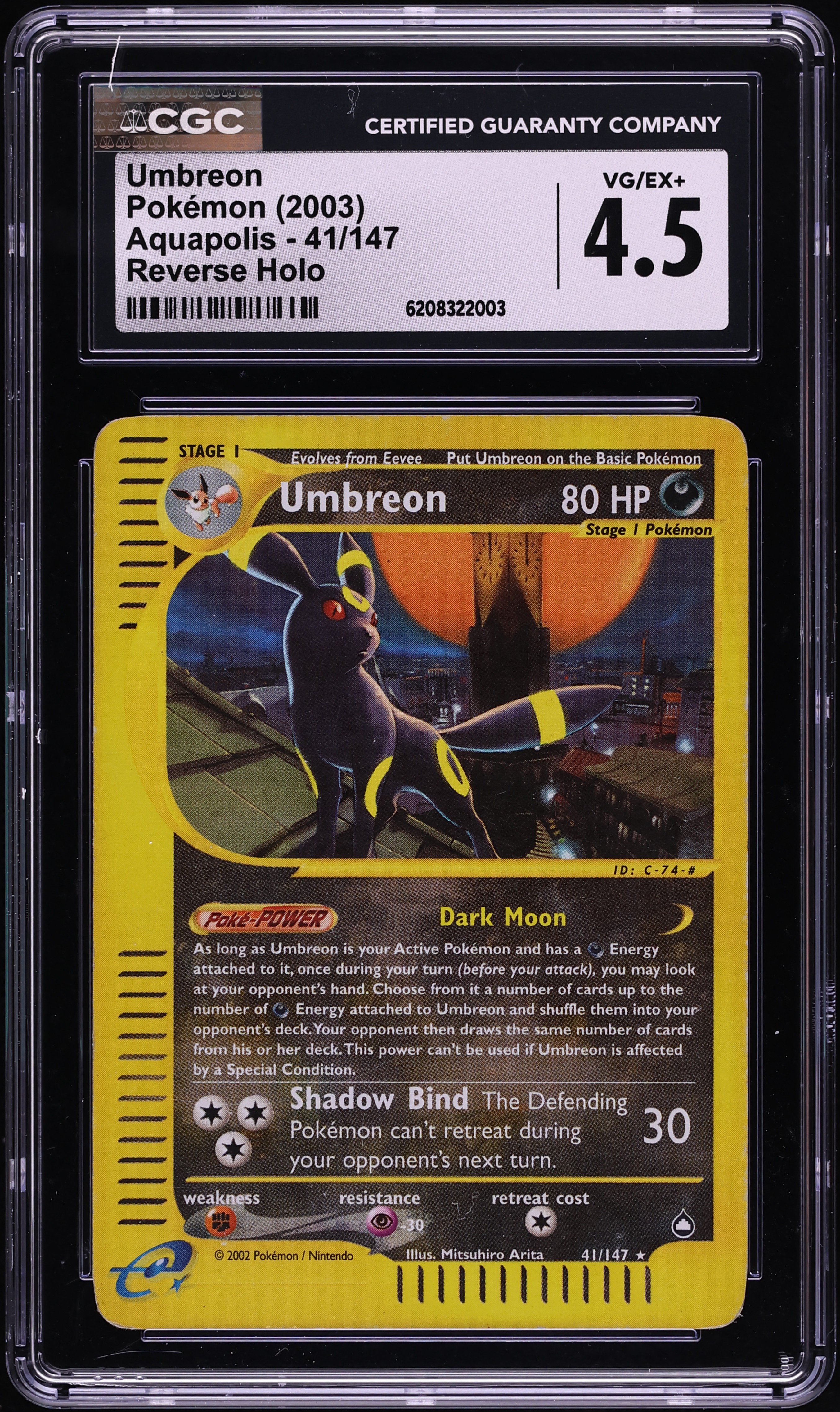 2003 Pokemon Aquapolis Reverse Holo Umbreon #41 CGC 4.5 VGEX+