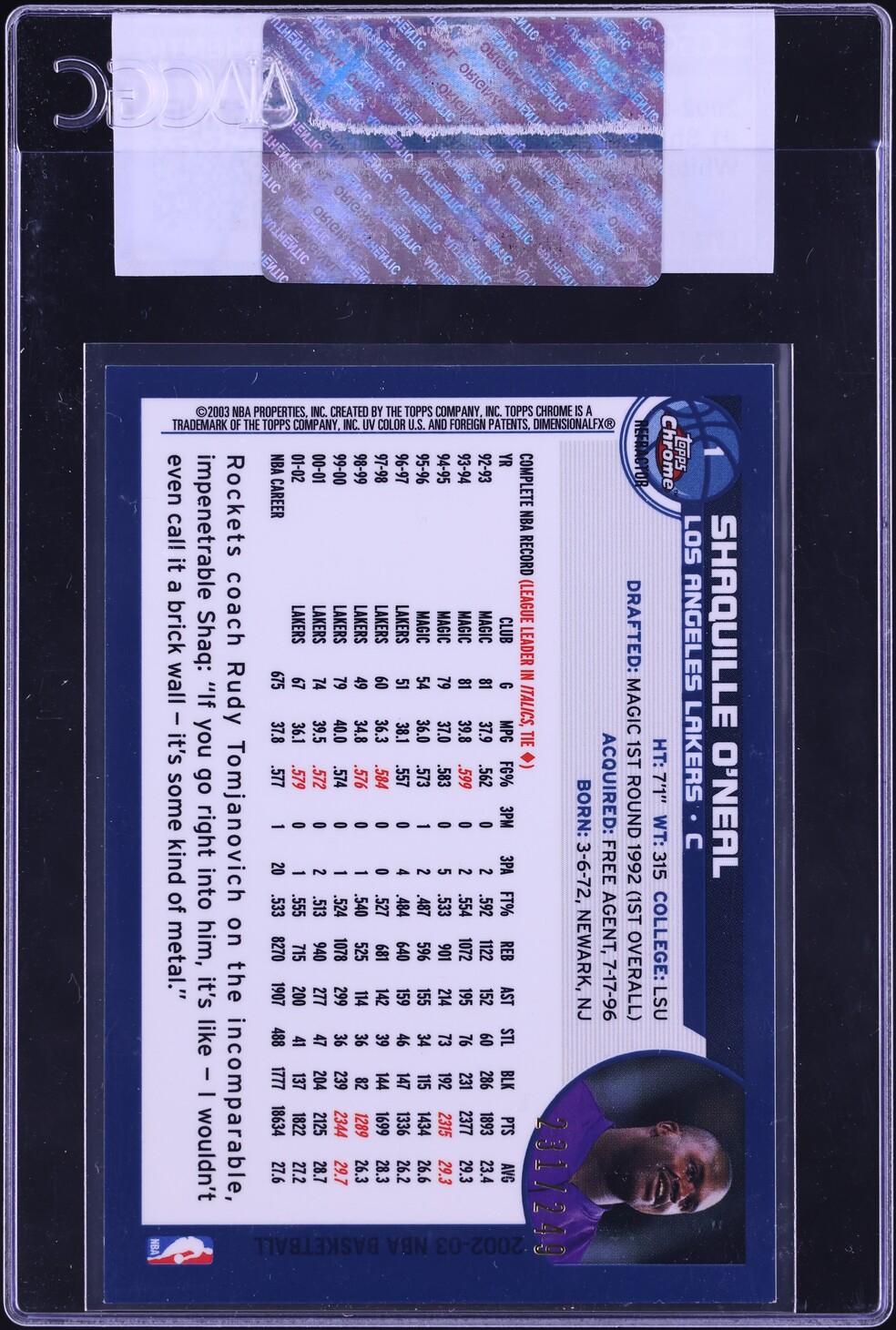 2002 Topps Chrome White Border Refractor Shaquille O'Neal /249 #1 CGC AUTH