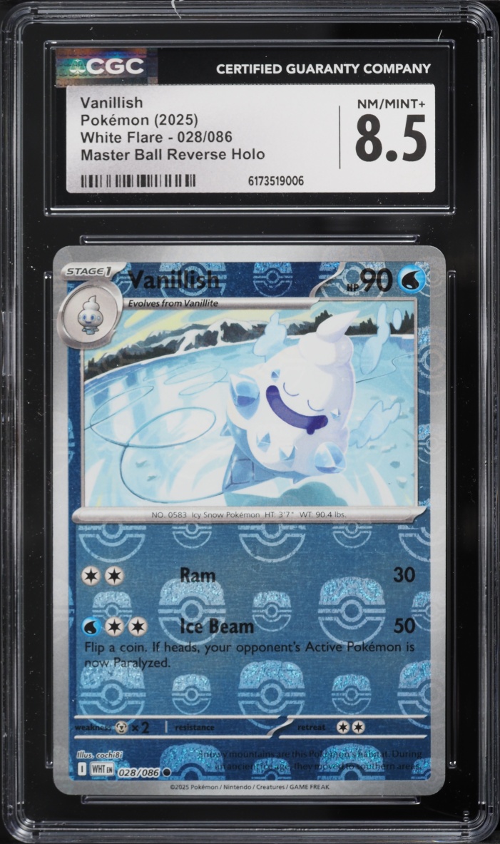2025 Pokemon Scarlet & Violet White Flare Master Ball Reverse Holo Vanillish #28 CGC 8.5 NM-MT+