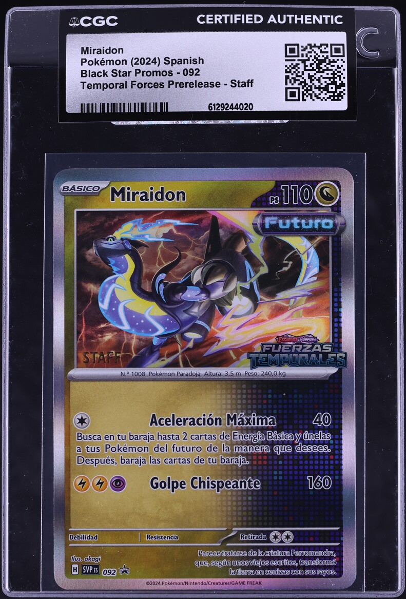 2024 Pokemon Spanish SV Promo Temporal Forces Prerelease Staff Miraidon #92 CGC AUTH