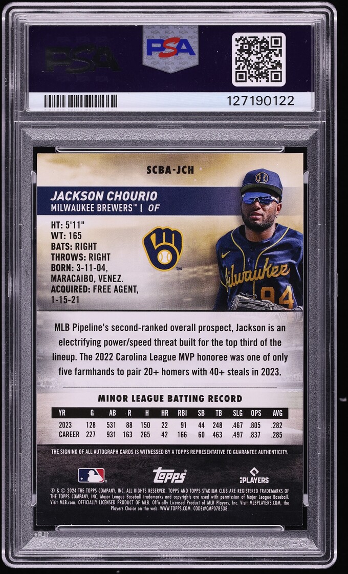 2024 Stadium Club Jackson Chourio ROOKIE AUTO #SCBA-JCH PSA 8 NM-MT