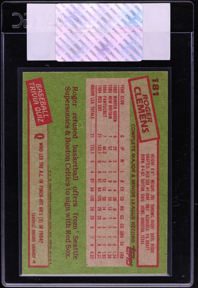1985 Topps Roger Clemens ROOKIE #181 CGC AUTH