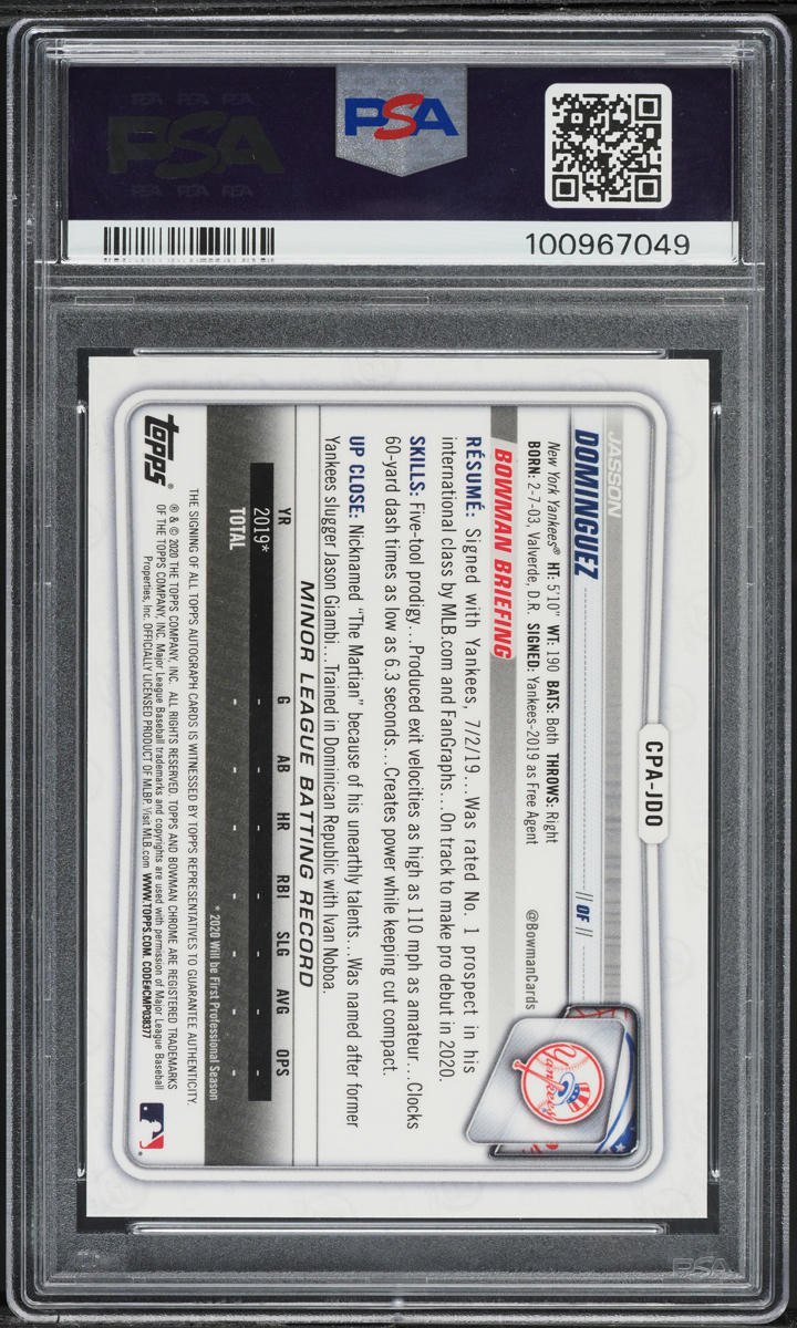 2020 Bowman Chrome Atomic Refractor Jasson Dominguez ROOKIE AUTO /100 PSA 10 GEM