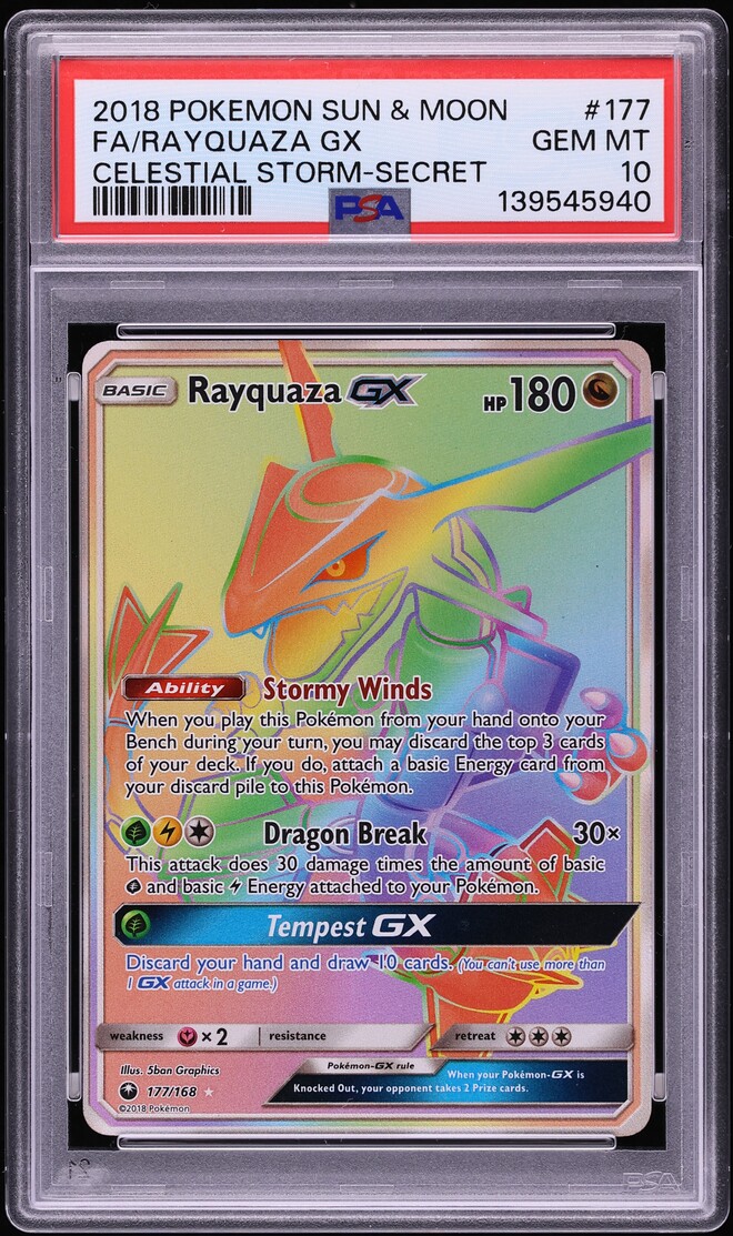 2018 Pokemon Sun & Moon Celestial Storm Rainbow Rare Rayquaza GX #177 PSA 10 GEM MINT