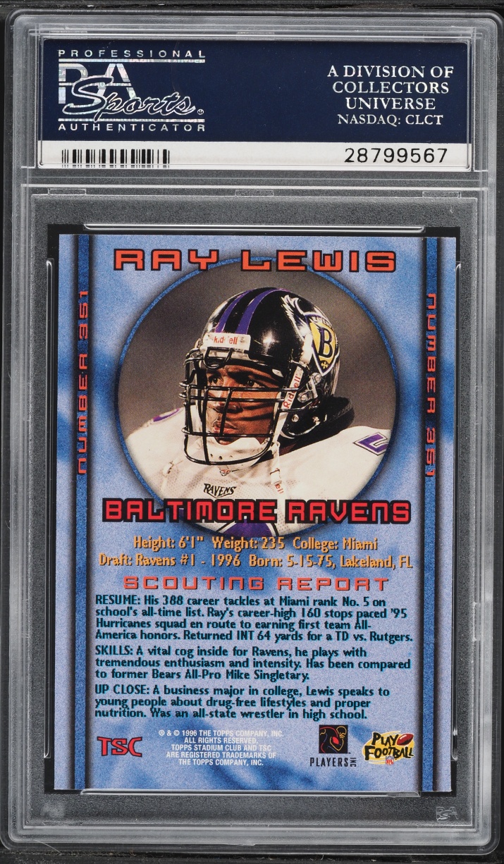 1996 Stadium Club Football Ray Lewis ROOKIE #351 PSA 9 MINT
