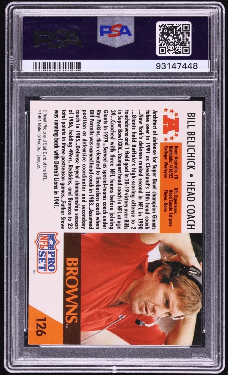 1991 Pro Set Football Bill Belichick ROOKIE #126 PSA 10 GEM MINT
