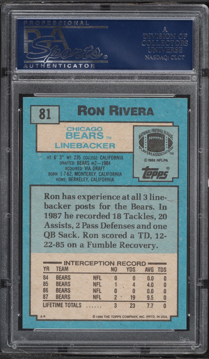1988 Topps Football Ron Rivera #81 PSA 10 GEM MINT