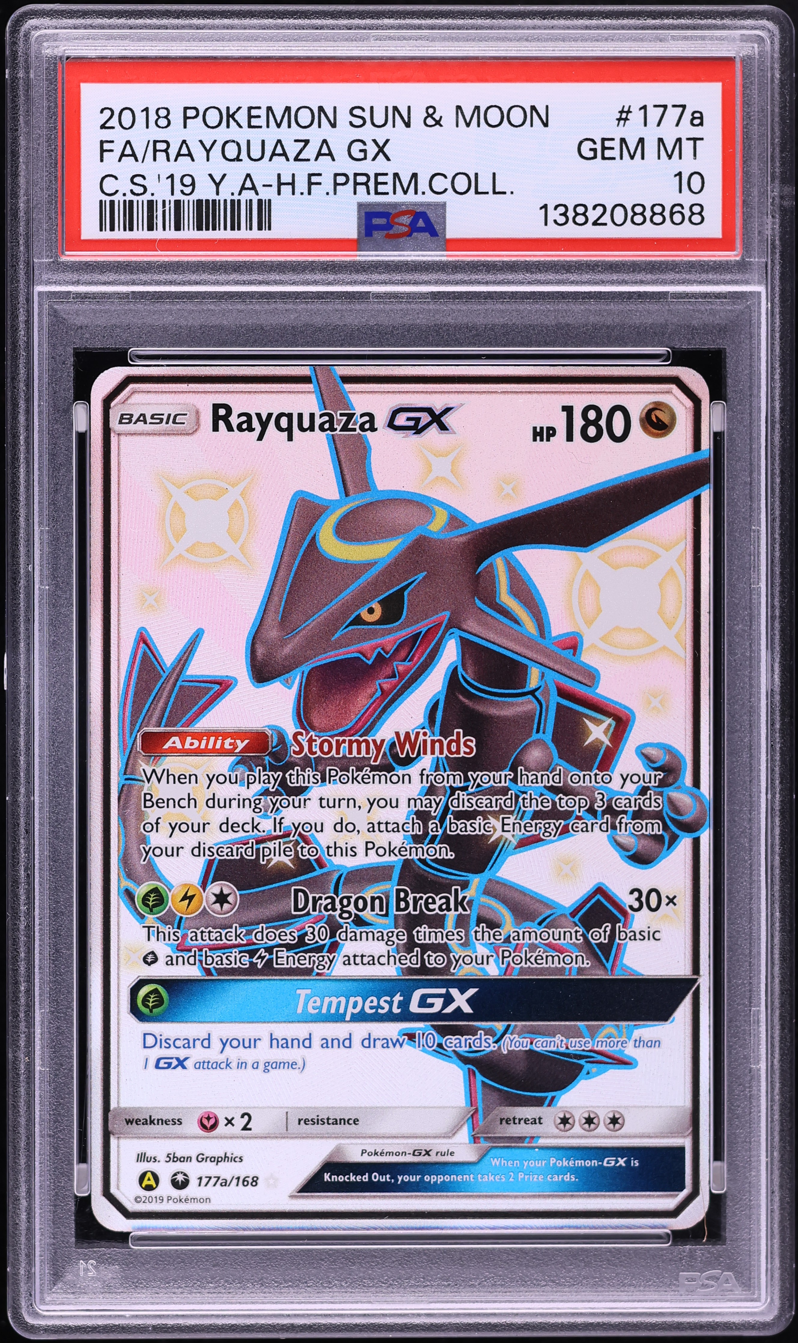 2018 Pokemon Sun & Moon Hidden Fates Premium Collection Full Art Rayquaza GX #177a PSA 10 GEM