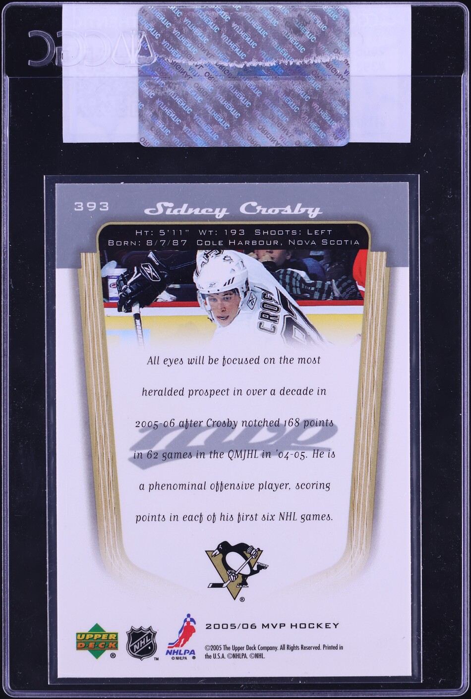 2005 Upper Deck MVP Sidney Crosby ROOKIE #393 CGC AUTH