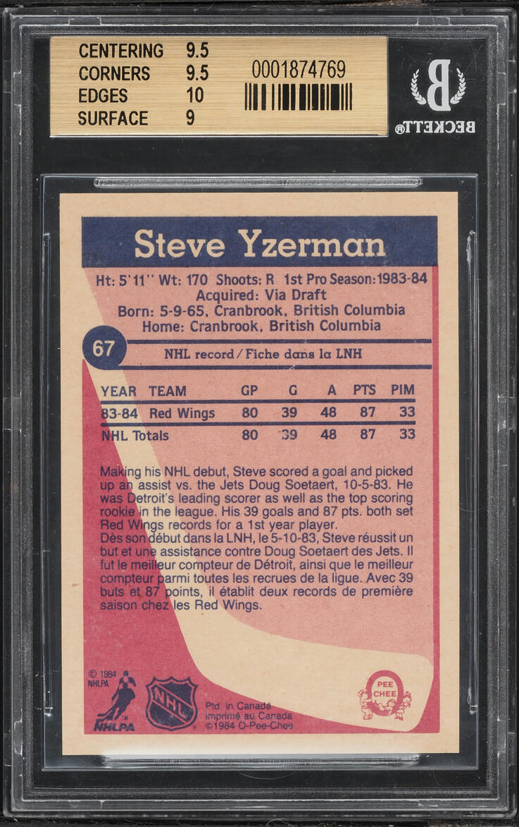 1984 O-Pee-Chee Hockey Steve Yzerman ROOKIE #67 BGS 9.5 GEM MINT