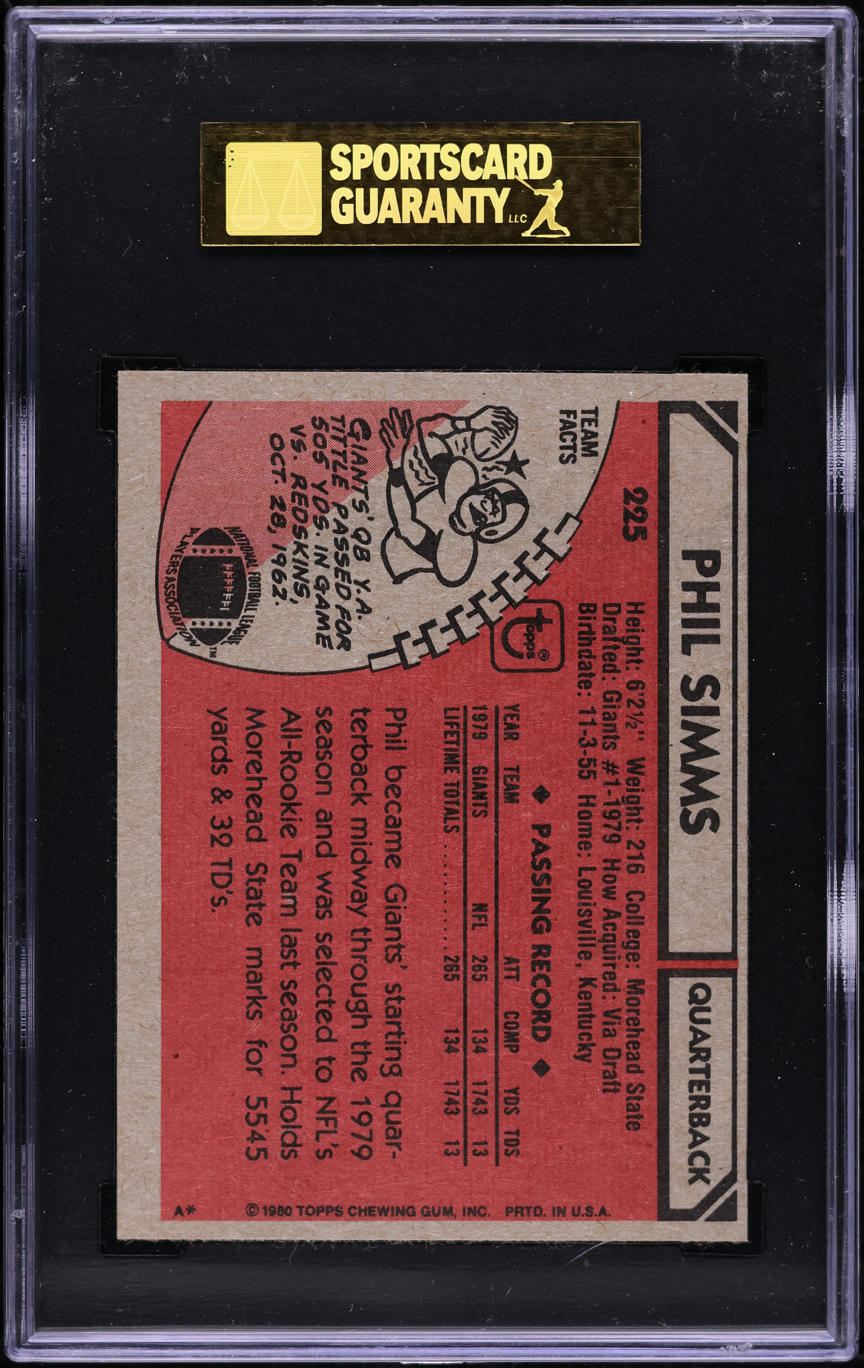 1980 Topps Football Phil Simms ROOKIE #225 SGC 8.5 NM-MT+