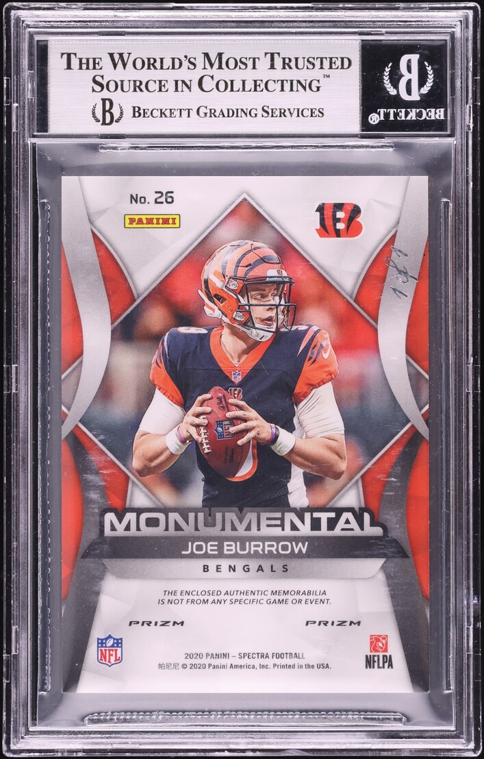2020 Panini Spectra Monumental Gold Prizm Joe Burrow ROOKIE SHIELD PATCH 1/1 #26 BGS 9 MINT