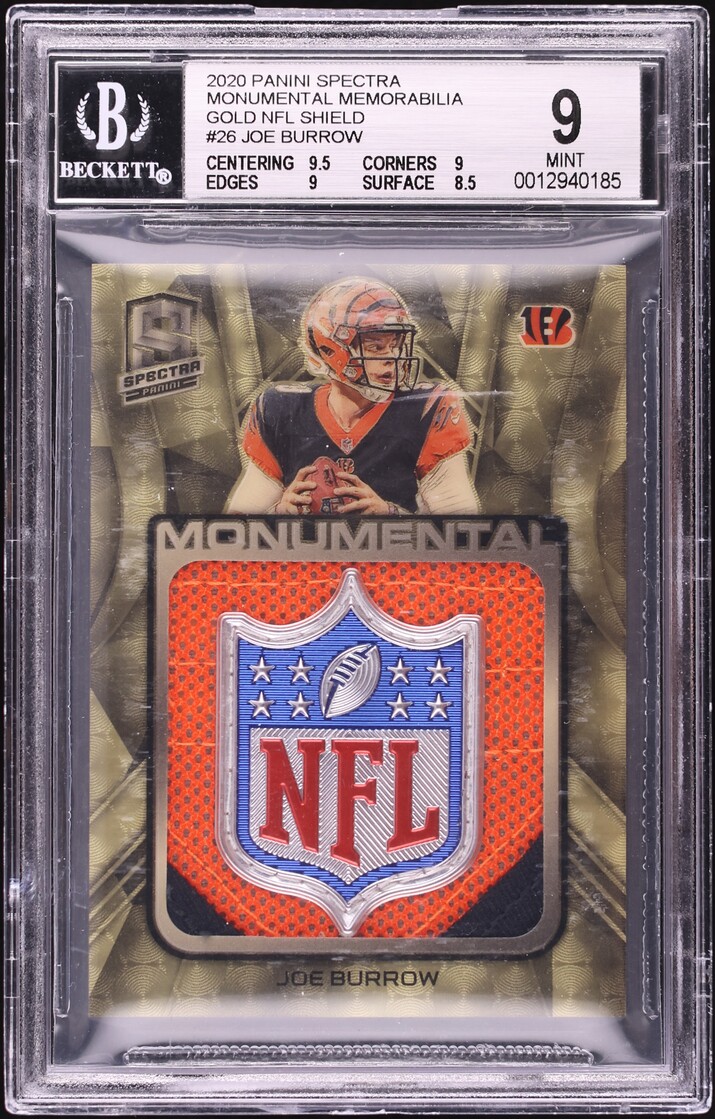 2020 Panini Spectra Monumental Gold Prizm Joe Burrow ROOKIE SHIELD PATCH 1/1 #26 BGS 9 MINT
