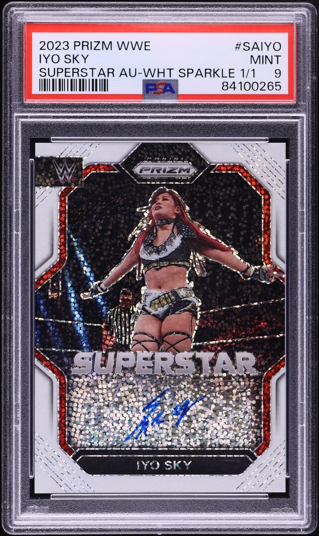 2023 Panini Prizm WWE Superstar White Sparkle Iyo Sky AUTO 1/1 #SA-IYO PSA 9