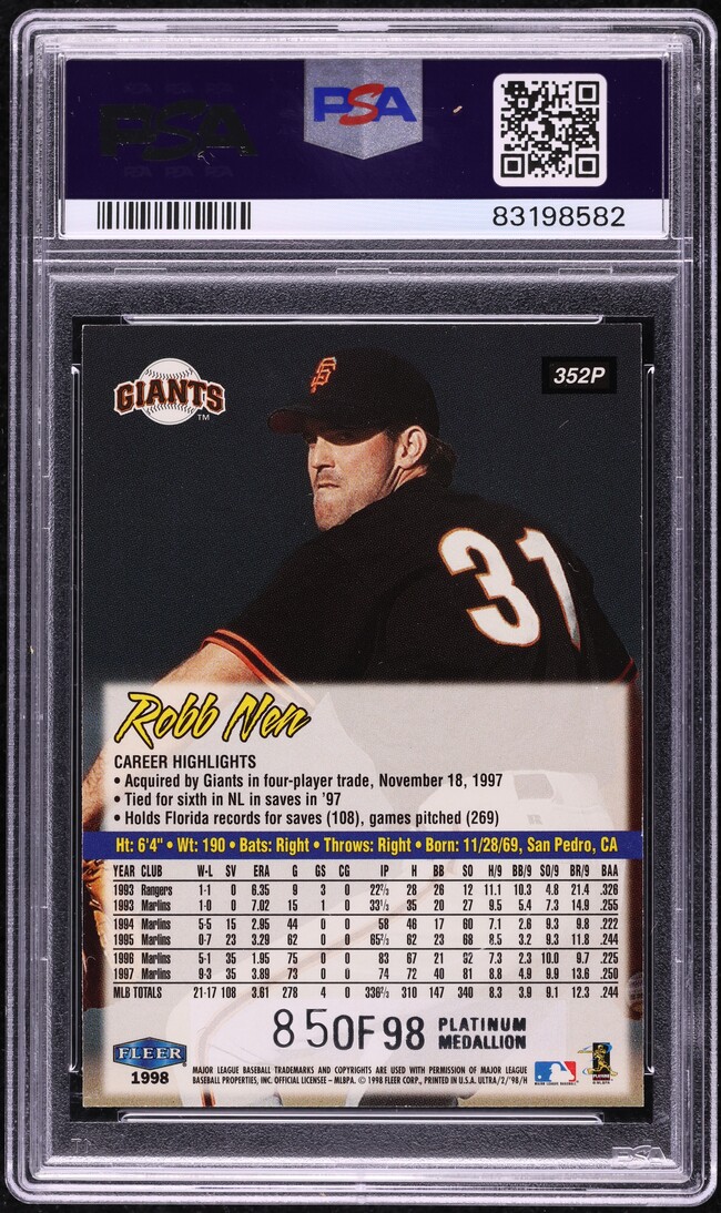 1998 Ultra Platinum Medallion Robb Nen /98 #352P PSA 9 MINT